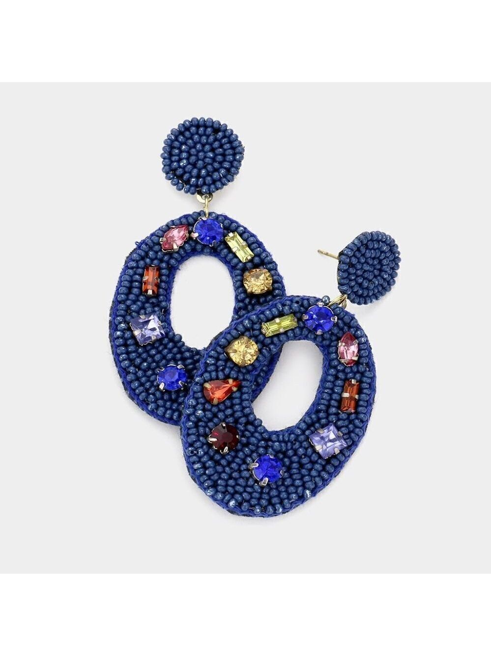 NEW Blue Stone Embellished Seed Beaded Retro Cut Out Oval Earrings